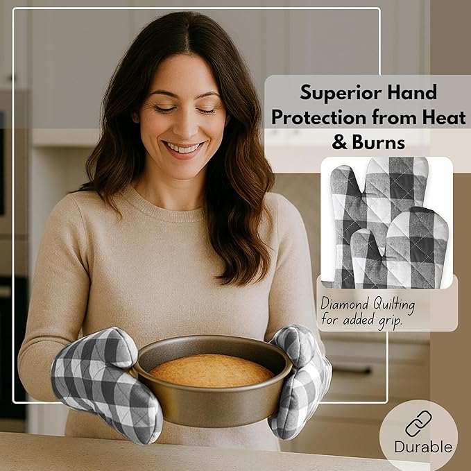 Native Fab Buffalo Plaid Check Oven Mitts and Pot Holders Set of 4, 100% Cotton Heat Resistant Kitchen Gloves, 2 Oven Mitts (7x13), 2 Pot Holders (8x8) for Cooking & Baking, Steel Grey White