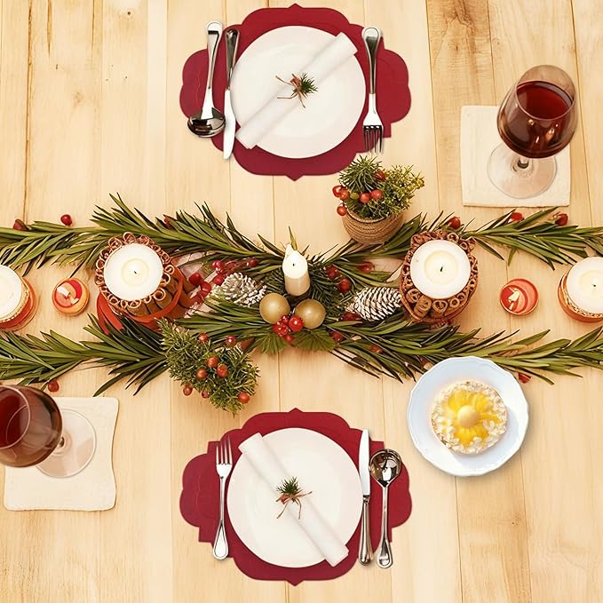 Cotton Linen Oval Placemats Set of 4, HADEEONG Table Mats Cloth Placemats, Washable Wrinkle Resistance, Scalloped & Embroidered Fabric Placemats, 17.71 x 13.77inch (Wine Red, 4)