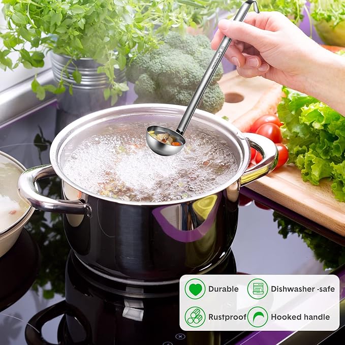 Potchen 10 Pcs Stainless Steel Soup Ladle Set Small Ladle Sturdy Long Handle Portion Control Serving Spoons for Cooking Sauce Gravy Stirring & Kitchen Home Use(2 oz)