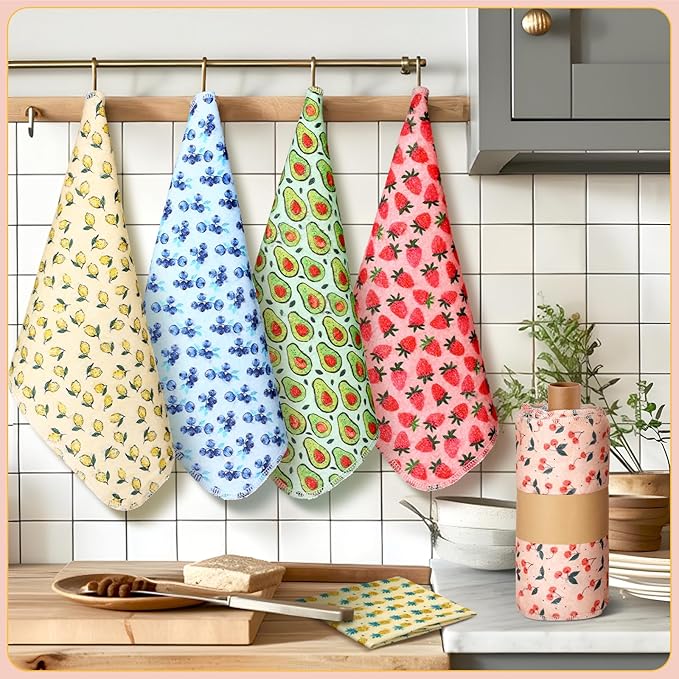 Redbaker 30 Pcs Reusable Paper Towels Rolls Kitchen Towels Bulk Washable Paperless Cloth Cotton Hand Napkins with Cardboard Reusable Napkins for Kitchen Bathroom (Fruit Style)