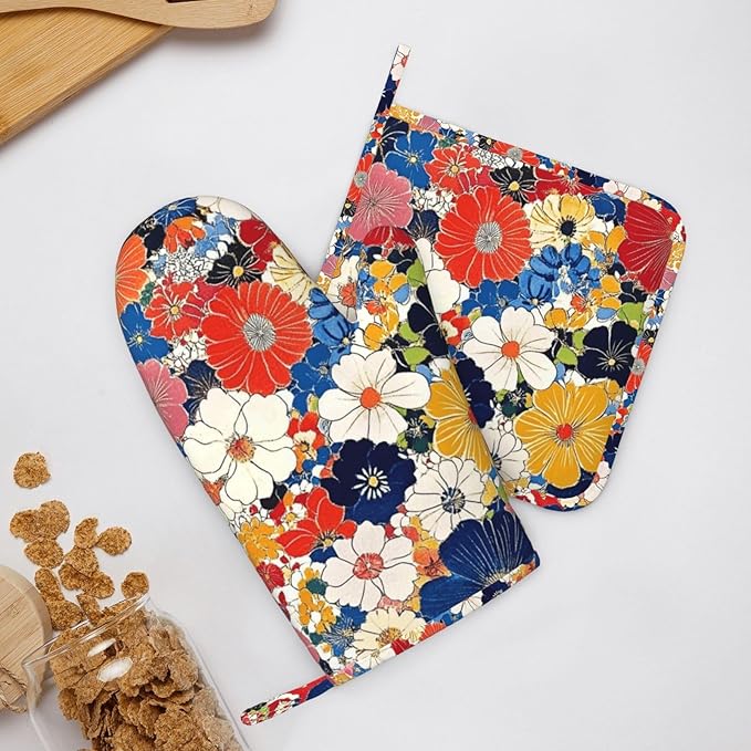 Oven Mitts and Pot Holders Colorful Flower Ethnic Art Silicone Kitchen Accessories Set of 2 Heat Resistant Long Gloves Potholder Non-Slip Grip for Chef Cooking,Baking,Grilling,BBQ