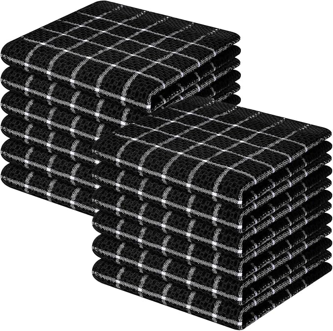 Homaxy 100% Cotton Dish Cloths, 12 Pack-12 X 12 Inches, Check Design Waffle Weave Dish Rags for Washing Dishes, Ultra Absorbent and Fast Drying Dishcloths, Black&White
