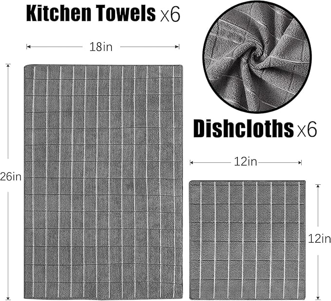 Puomue Microfiber Kitchen Towels and Dishcloths Set, 26 X 18 Inch and 12 X 12 Inch, Set of 12 Bulk Lint Free Dish Towels for Drying Dishes, Grey
