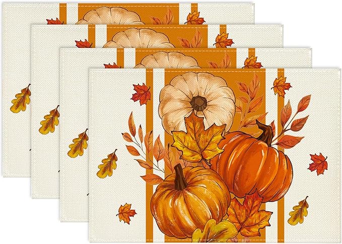 Niviy Pumpkins Thanksgiving Fall Maple Leaves Placemats Set of 4, 12x18 Inch Autumn Thanksgiving Indoor & Outdoor Table Mats for Holiday Party Kitchen Dining Room Decoration