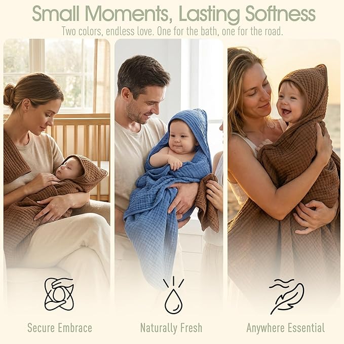 4-Piece Muslin Baby Towel Set - 100% Organic Cotton, (2) 6-Layer 32x32 Towels & (2) Washcloths, Bath, Beach & Pool Gift Set (Coffee & Blue)