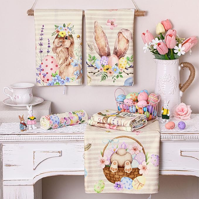 Breling Set of 6 Easter Decorations Happy Easter Kitchen Towels Rabbit Dish Towel Bathroom Decorative He is Risen Religious Christian Hand Cloths for Home Decorations Spring, 14 x 21 Inch