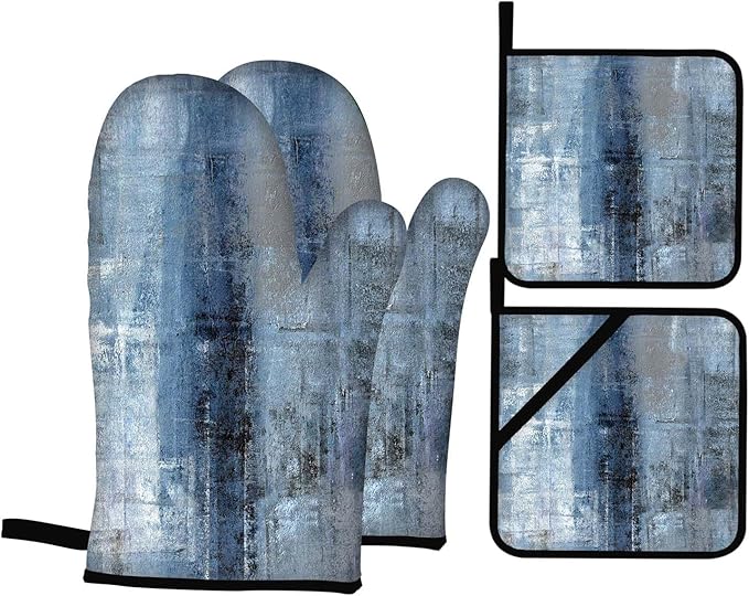Blue Grey Oven Mitts and Pot Holders Sets of 4 Modern Abstract Art Oven Mitt Oven Gloves Pot Holders and Oven Mitts for Kitchen Baking Cooking Grilling