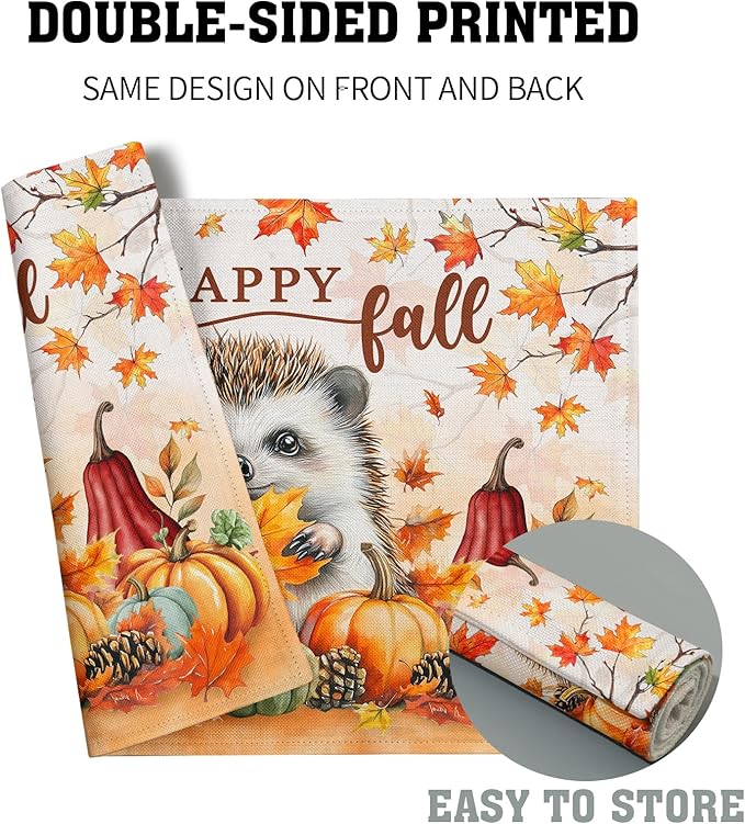 Happy Fall Linen Place Mat 4pc Hedgehogs Pumpkin Printed Placemat Washable Decoration for Home Season Table Decor