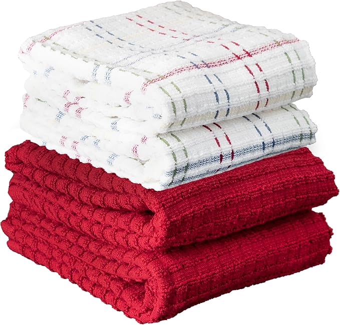 Ritz Royale Collection 100% Combed Terry Cotton, Highly Absorbent, Kitchen Towel Set, 13-3/4" x 12", 4-Pack, Solid & Checked, Paprika