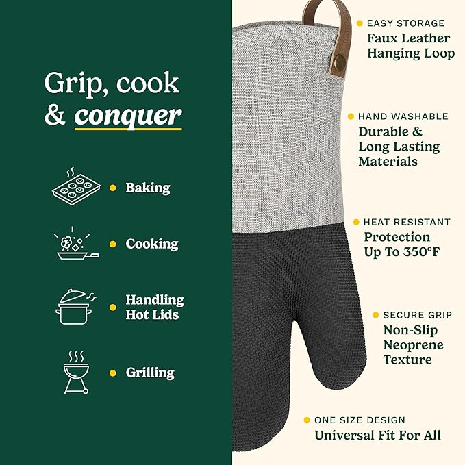 Cuisinart Heritage Kitchen Oven Mitts – Heat-Resistant Kitchen Mitts for Oven with Non-Slip Neoprene Palm, Long Cuff, and Cotton Filling – Durable Oven Gloves for Cooking, Baking, & Grilling