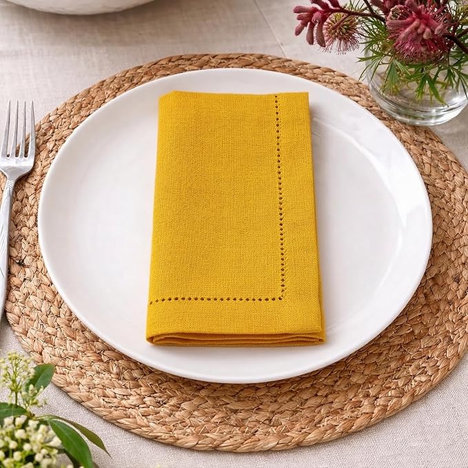 Palisa Mustard Cotton Napkins Set of 4 | Premium Hemstitch Detailing Cloth Dinner Napkins 18x18 Inch | Soft Washable & Reusable Table Napkins for Everyday Use Weddings Parties Restaurants & Hotels
