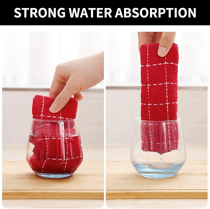 Homaxy 100% Cotton Terry Kitchen Towels(Red, 13 x 28 inches), Checkered Designed, Soft and Super Absorbent Dish Towels, 2 Pack