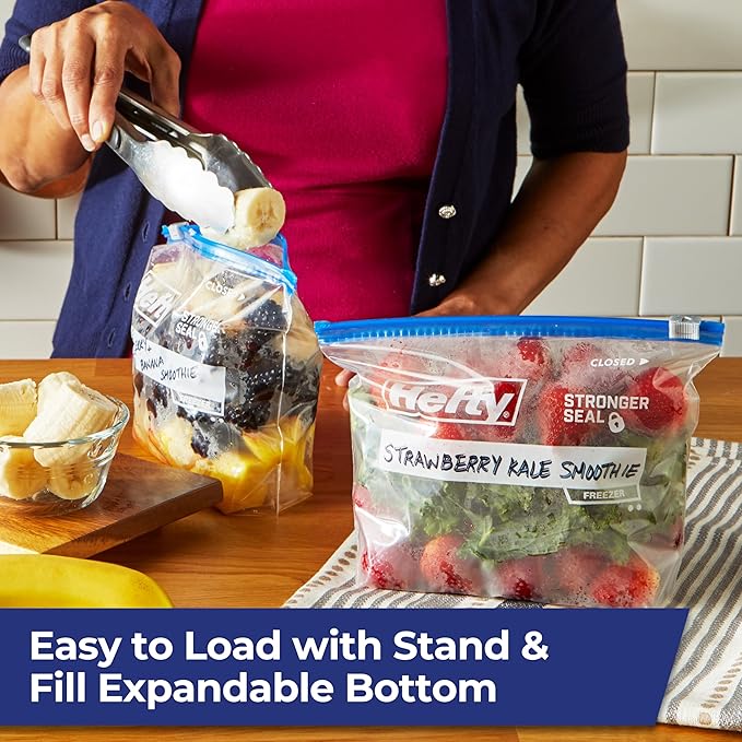 Hefty Slider Freezer Kitchen Storage Bags, Quart Size, 15 Count