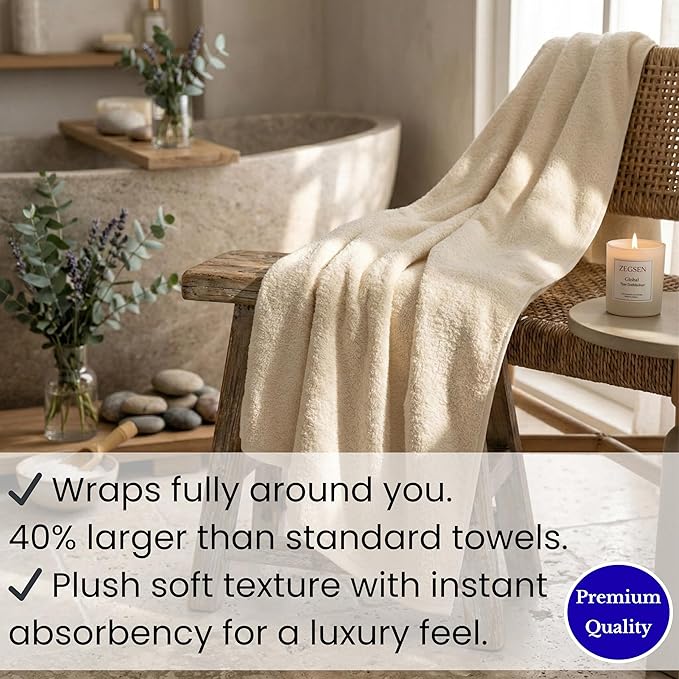 SALBAKOS Luxury 100% Turkish Cotton Bath Sheets 40x80 in Oversized Extra Large Bath Towels | Premium Hotel Quality Thick Soft Absorbent Turkish Towel for Spa Beach (Pack of 1, Ivory, Jumbo Bath Sheet)
