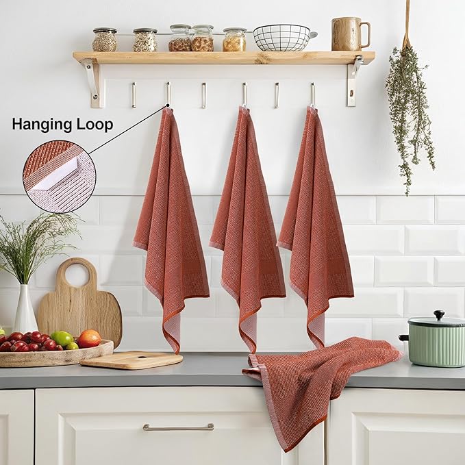 Mordimy Premium Kitchen Towels 8 Pack (18 x 28 Inches, Rust), Large Cotton Kitchen Hand Towel, Flat & Terry Dish Towels for Drying Dishes, Super Absorbent Tea Dishtowels Set with Hanging Loop