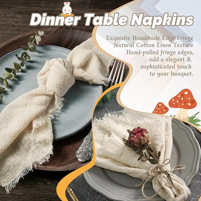 Showgeous 60 Pack Natural Cloth Napkins with Fringe 16x16 inch 100% Cotton Napkins Handmade Dinner Napkins Bulk Washable Soft Rustic Table Napkins for Wedding Parties Bridal Baby Shower
