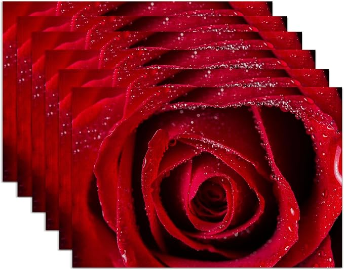 Red Rose Placemats Set of 6,Washable Heat Resistant 12×18 Inch Linen Table Mats Magic Place Mats for Party Outdoor Dining Décor