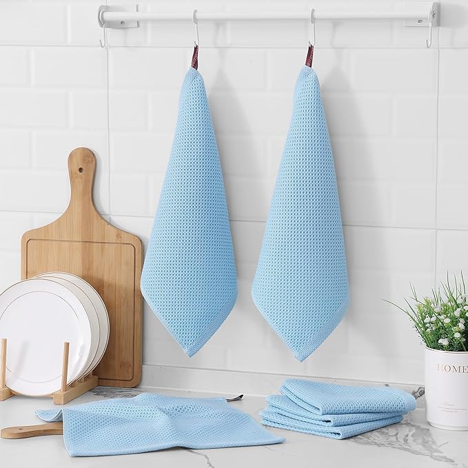 Kitinjoy 100% Cotton Kitchen Dish Cloths (12 X 12 Inches, Sky Blue), 6 Pack Waffle Weave Ultra Soft Absorbent Dish Towels for Drying Dishes Quick Drying Kitchen Towels Dish Rags