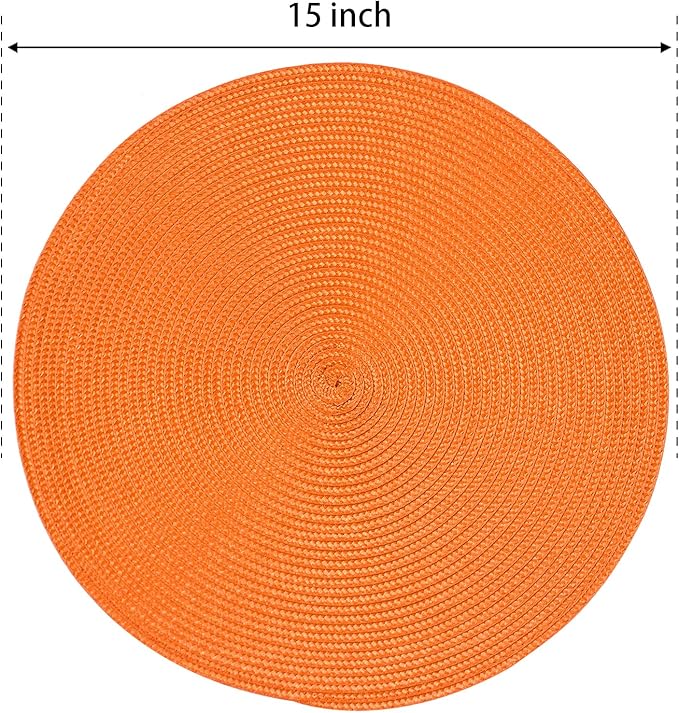 FunWheat Round Braided Placemats Set of 8 Place Mats for Dining Table Woven Washable Non-Slip Table Mats 15 Inch(Orange,8pcs)