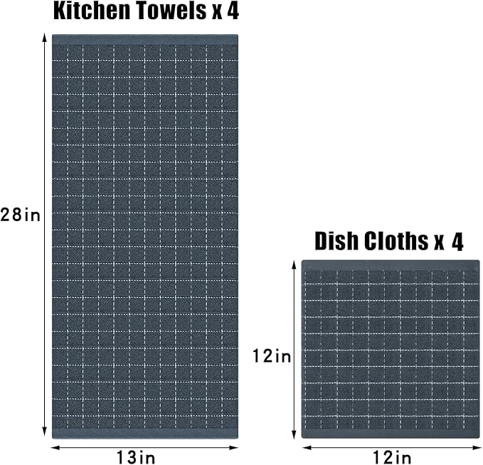 Homaxy Kitchen Towels and Dishcloths Set, 12 x 12 and 13 x 28 Inches, Set of 8 Bulk Cotton Terry Kitchen Towels Set, Checkered Designed, Soft and Super Absorbent Dish Towels, Dark Grey