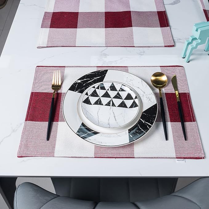 Burgundy Red White Buffalo Plaid Placemats 13 x 19 Inches Set of 4,Linen Checkered Double Layer Placemat Decorative Kitchen Table Mats,Waterproof Heat Resistant Durable Cloth Place Mats