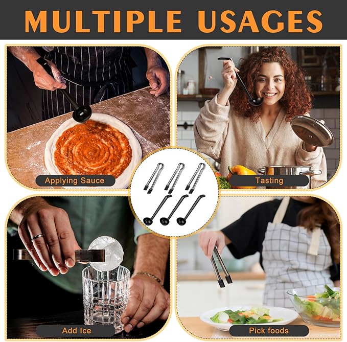 6 Pieces Plastic Serving Utensils Set Including 3 Pcs 1 oz Small Ladle and 3 Pcs Tong Acrylic Long Handle Ladle for Serving Sauce, Soup, Dressing, Punch Bowl, Gravy for Party Banquets Catering(Black)