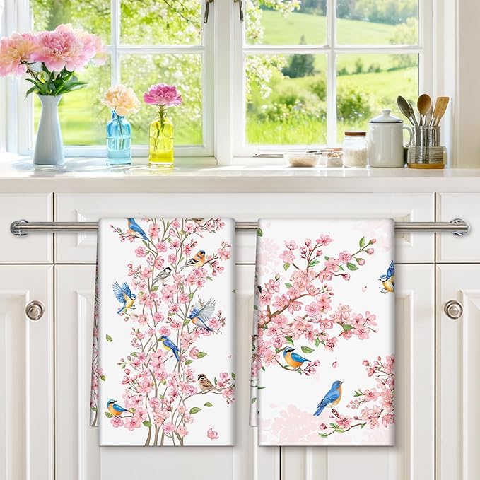 Pink Flower Blossom Tea Towels 100% Cotton Quick Dry Kitchen Towels, 18.9 x 27.5'' Absorbent Dish Cloth for Kitchen Home Decor, Housewarming, Birthday Gifts for Mom, Set of 4