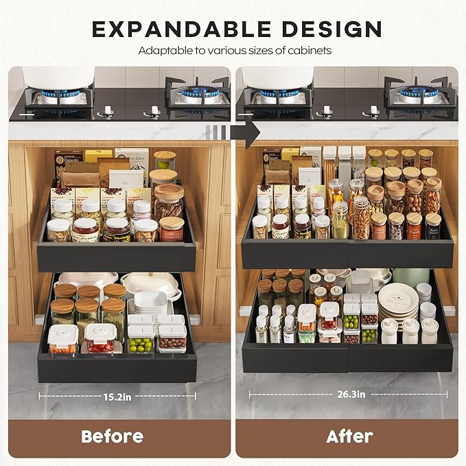 Seinloes 4 Pack Pull Out Cabinet Organizers 21" Deep With Raising Pad for Framed Cabinets, Expandable Width (15.2"-26.3") Slide Out Drawers Upgrade 3 Slide Rails, Roll Out Shelves Adhesive, Black