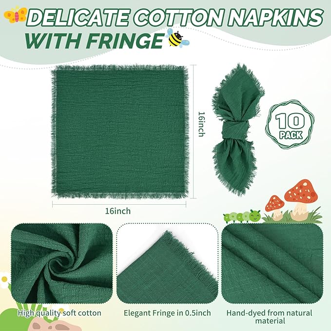 Showgeous 10 Pack Emerald Green Cloth Napkins with Fringe 16x16 inch 100% Cotton Green Napkins Handmade Dinner Napkins Bulk Washable Soft Rustic Table Napkins for Wedding Parties Bridal Baby Shower