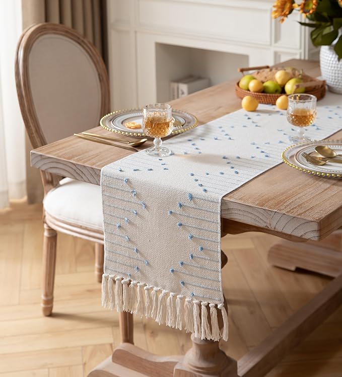 Boho Table Runner 13 x 60 Inch Long Natural Cotton Woven Runner with Tassels for Home Dining Table décor, for Modern Farmhouse Decor Coffee Table Runner, Light Blue and Beige