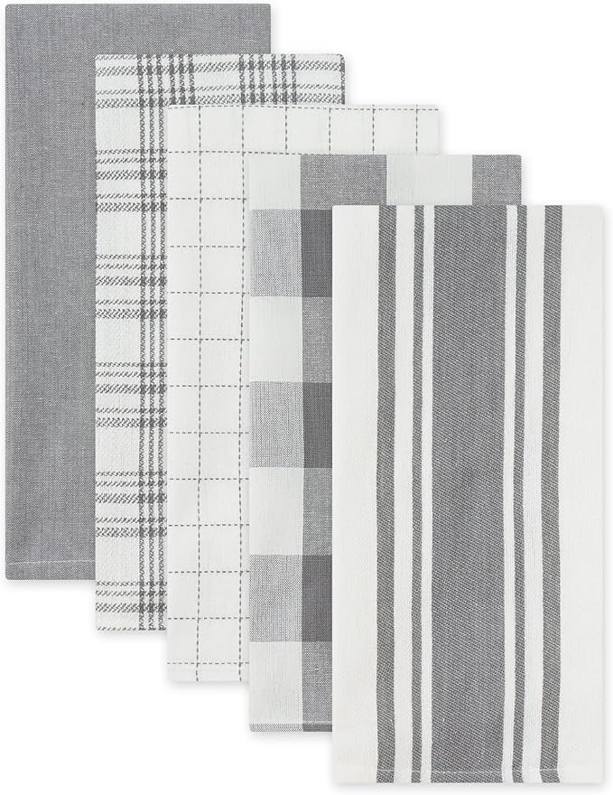 DII Everyday Basic Kitchen Collection Large Woven Cotton Dishtowel/Tea Towel Set, 18x28, Gray, 5 Count