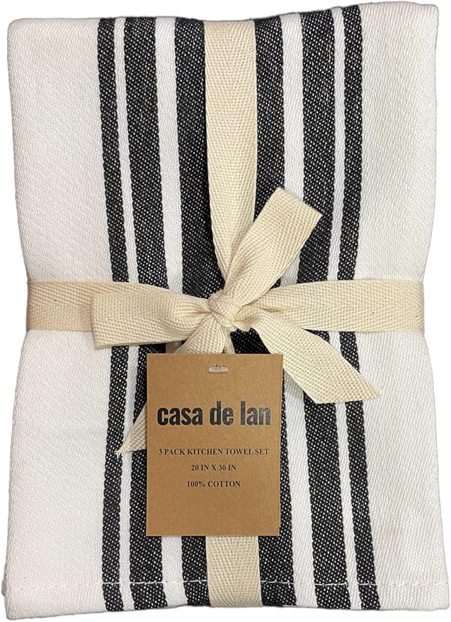 Kitchen Towels Set – Pack of 3 (20’’ x 30’’) Extra Large Premium Cotton Dish Towels for Kitchen – Super Striped Towels – Absorbent – 100% Cotton – with Hanging Loop – Black