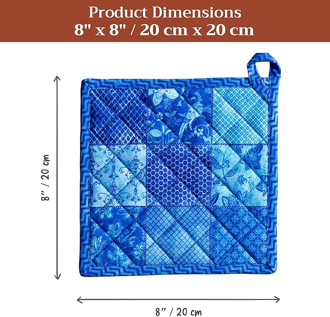Maison d' Hermine Pot Holders 100% Cotton Heat Resistant Potholders 8" x 8" Hot Pads with Loop BBQ Cooking Baking Gifts for Mothers Day Handling Hot Pans Spring/Summer (Pack of 1, Indigo Love)