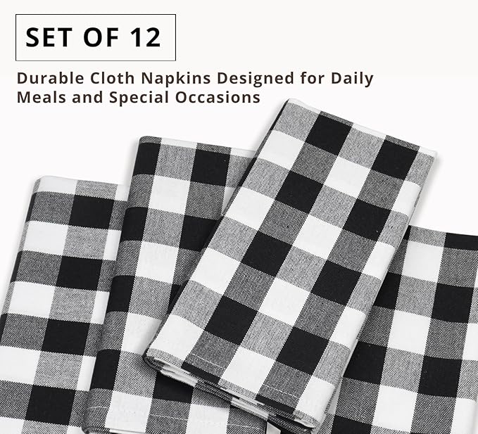 PurpleEssences Buffalo Plaid Cloth Napkins - Mitered Corners - Spring Easter Summer - Gingham Check Dinner Napkin - Set of 12-100% Cotton - 18x18 Inch - Reusable Washable - Black and White