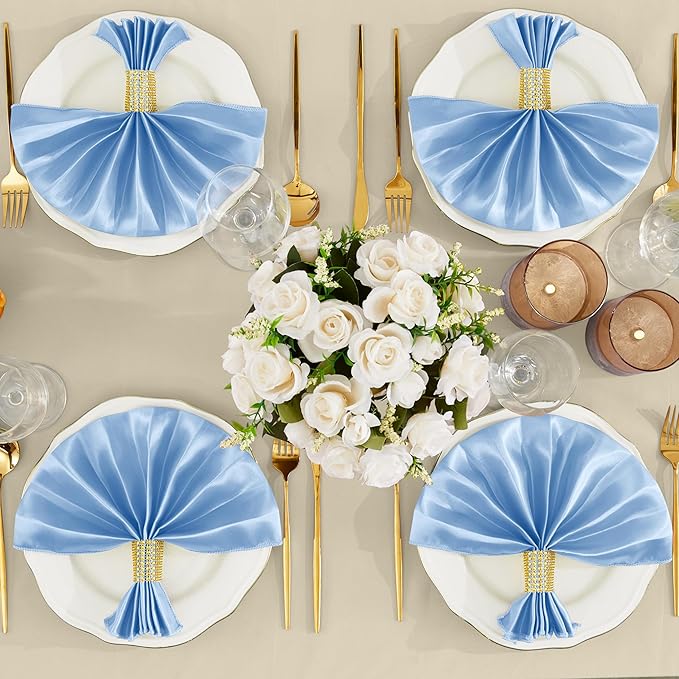 RUDONG M 100 Pcs Light Blue Satin Napkins and Napkin Rings Set, 17 x 17 Inch Square Cloth Napkins Set of 50, Silky Soft Table Napkins Bulk for Weddings, Banquet, Parties Dinner Decoration