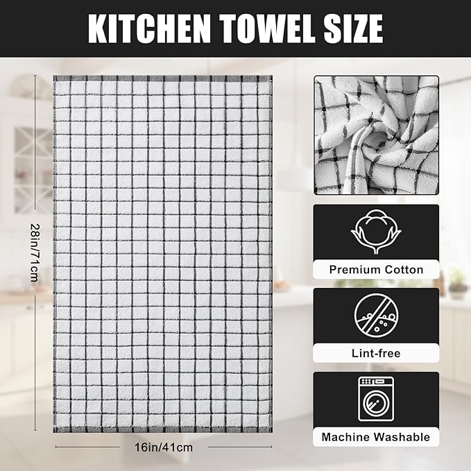Homaxy Premium Kitchen Towels(16”x 28”, 8 Pack), Large Ring Spun Cotton Dish Towels, Super Absorbent Soft Terry Kitchen Hand Towels, Check Design Tea Towel Set with Hanging Loop, Black