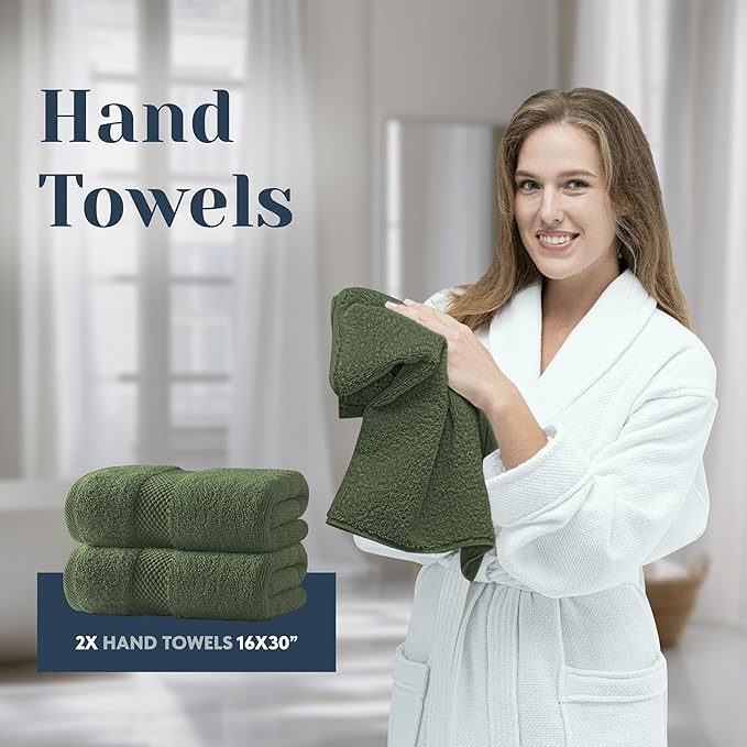 White Classic Luxury Bath Towel Set of 8 Pieces - 100% Turkish Cotton Highly Absorbent Towels for Bathroom, 2 Luxury Bath Towels 700GSM, 2 Hand Towels, 4 Washcloths, Sage Green
