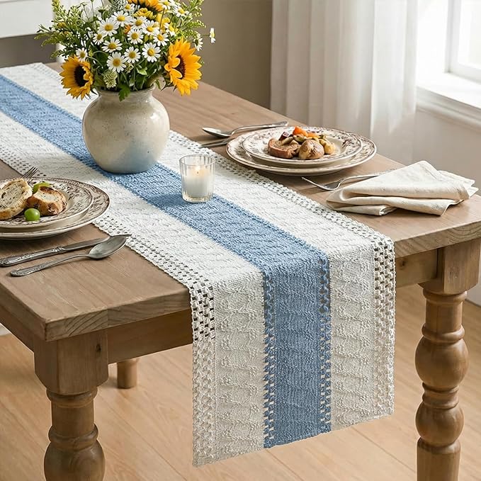 Artoid Mode Sky Blue Farmhouse Rustic Table Runner, Seasonal Holiday Hollow Kitchen Dining Table Decoration for Home Party Decor 12x72 Inch