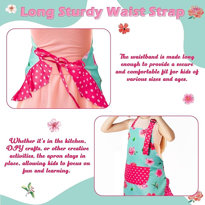 R HORSE Kid Apron and Chef Hat Set - 2Pcs Green Floral Toddler Kitchen Apron for Girls, Adjustable Role Play Costume Pretend Play Toy for Cooking Baking Painting Birthday Gift for Kids Ages 3-6
