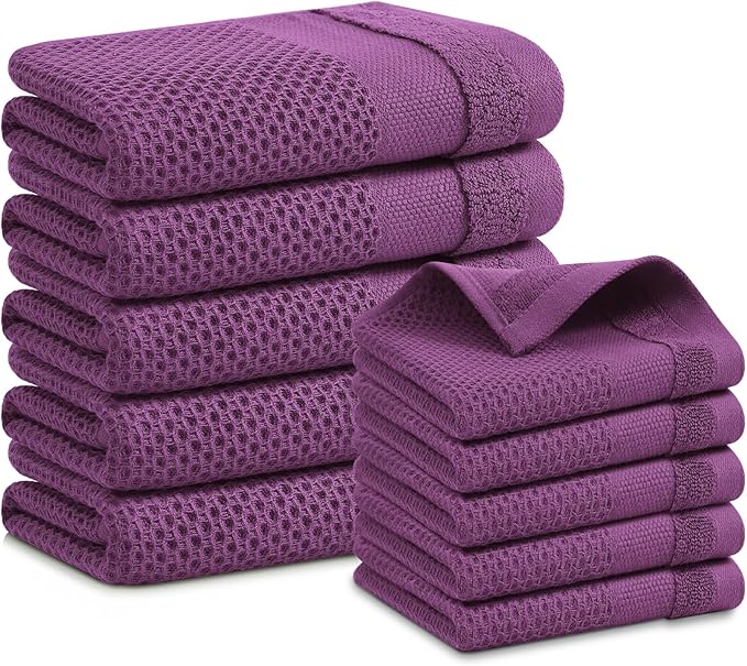 Homaxy Kitchen Towels and Dishcloths Set, 12 x 12 and 13 x 28 Inches, Set of 10 100% Cotton Waffle Weave Kitchen Towels, Super Soft and Absorbent Dish Cloths, Purple