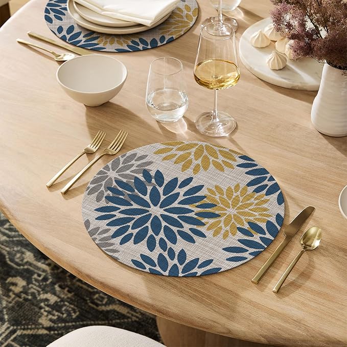 Artoid Mode Navy Yellow Dahlia Plastic Round Placemats Set of 4, 14 Inch Seasonal Wipeable Woven Vinyl Table Mats for Farmhouse Party Kitchen Dining Decor