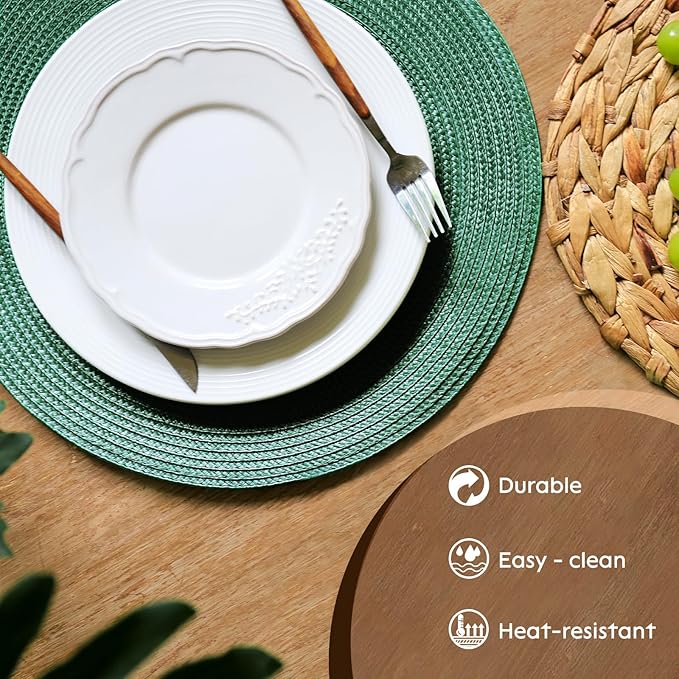 FunWheat Round Braided Placemats Set of 6 Table Mats for Dining Tables Woven Washable Non-Slip Place mats 15 inch(Black Green, 6pcs)