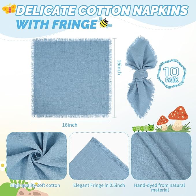 Showgeous 30 Pack Dusty Blue Cloth Napkins with Fringe 16x16 inch 100% Cotton Blue Napkins Handmade Dinner Napkins Bulk Washable Soft Rustic Table Napkins for Wedding Parties Bridal Baby Shower