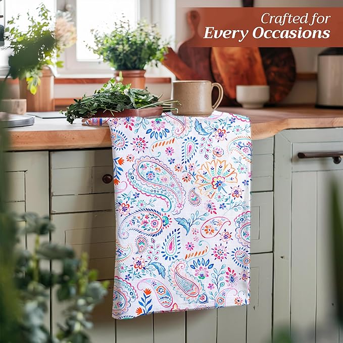 Maison d' Hermine Kitchen Towels Set of 3 100% Cotton 27.50" x 20" Reusable Cloth Tea Dish Towels Absorbent with Hanging Loop for Kitchen Gifts for Mothers Day Spring/Summer (Indian Floral)
