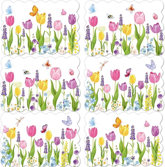 Spring Tulip Placemats Set of 6 Easter Plastic Place Mats Lavender Table Mats Lavender Tulip Holiday Kitchen Placemats for Indoor Outdoor Spring Summer Party Dining Table Decoration