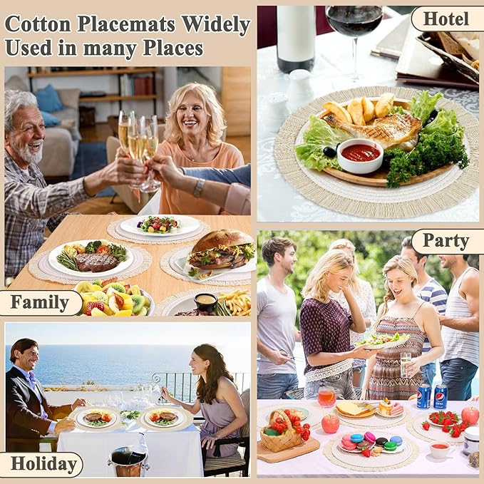 Round Placemats Set of 4 Table Mats 13Inch Washable Cotton Heat Resistant for Dining Table Decor, Farmhouse Thick Rustic Kitchen Placemats Non-Slip Hand Woven Boho Placemats for Thanksgiving Christmas