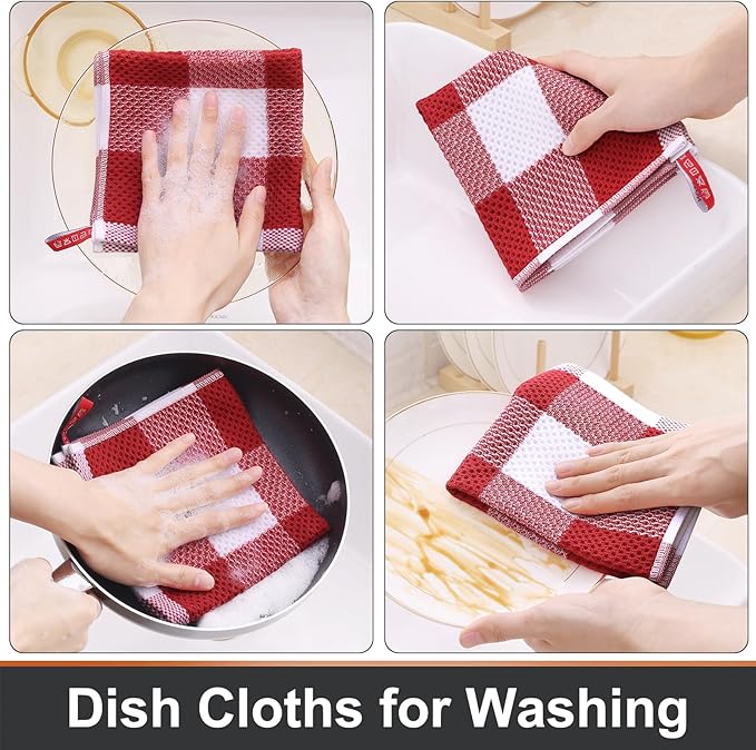 Mordimy 100% Cotton Waffle Weave Plaid Dish Cloths, 12 x 12 Inches, Super Soft and Absorbent Quick Drying Buffalo Check Dish Rags for Kitchen, 6-Pack, Red & White