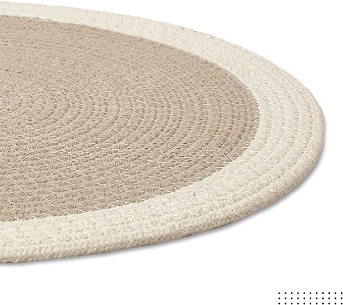 Encasa XO Dining Placemats Set of 4 | Cotton Round Table Mat - 13 in Diameter | Beige & Off White | Handmade Rib Style Chargers for Dinner Plates