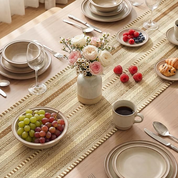 Artoid Mode Light Coffee Farmhouse Woven Table Runner, Seasonal Holiday Rustic Kitchen Dining Table Decoration for Home Party Decor 12x90 Inch