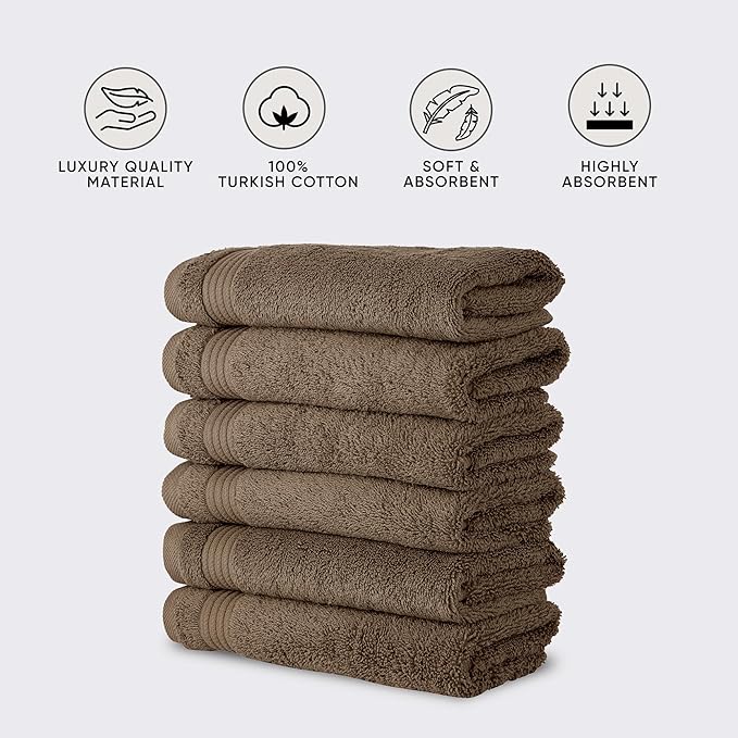 Classic Turkish Towels CTT - Premium 6 Piece Hand Towels Set, 100% Turkish Cotton, Quick Dry & Comfy Towels for Hotel & Spa, Highly Absorbent | 16"x27"(Deep Taupe)